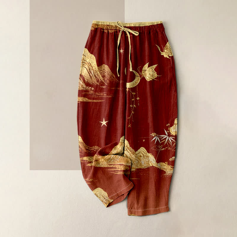 Nimara Ritual Cotton Mountain Moon Butterfly Pattern Elastic Waist Women's Pants With Pockets
