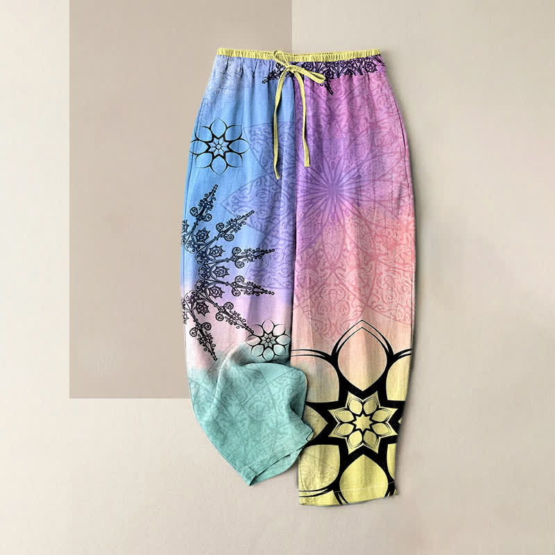 Nimara Ritual Cotton Print Gradient Mandala Elastic Waist Women's Pants With Pockets