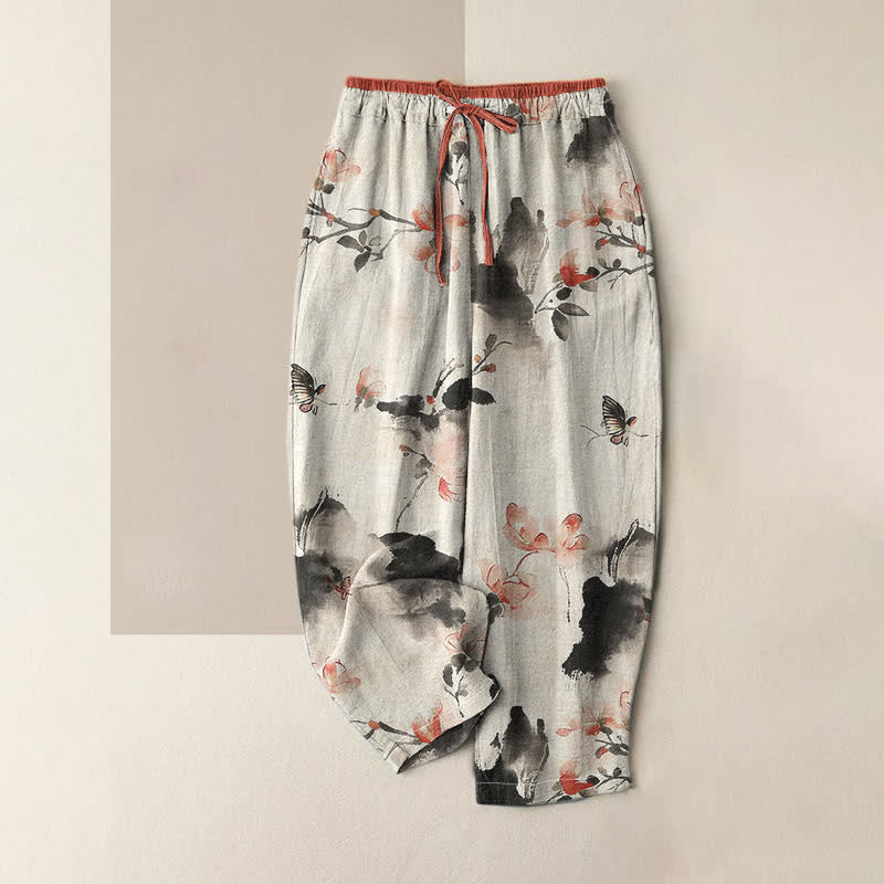 Nimara Ritual Pure Cotton Butterfly Flowers Pattern Print Women's Pants With Pockets