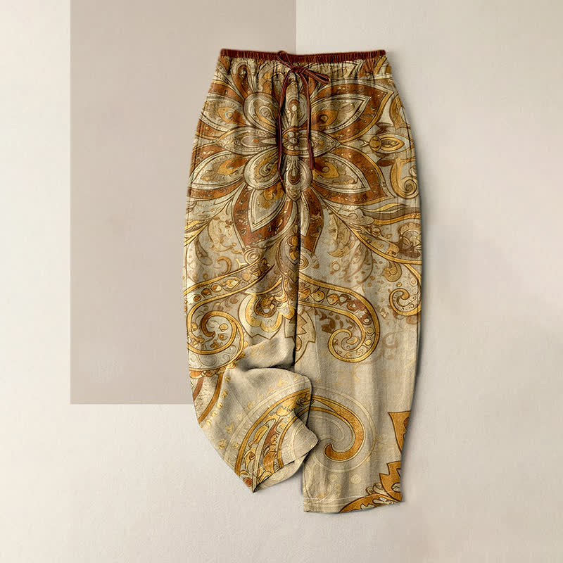 Nimara Ritual Cotton Paisley Mandala Pattern Elastic Waist Women's Pants With Pockets