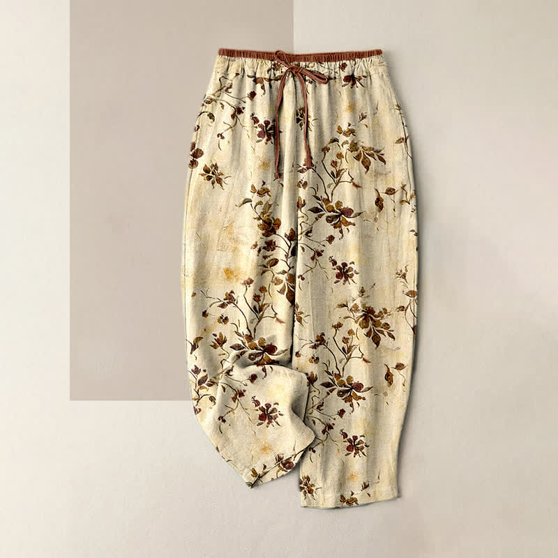 Nimara Ritual Pure Cotton Retro Branch Flowers Pattern Elastic Waist Women's Pants With Pockets