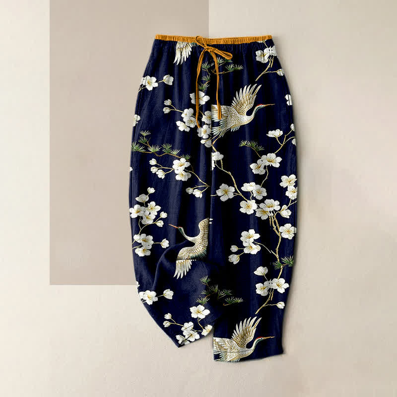 Nimara Ritual Pure Cotton Crane Plum Blossom Elastic Waist Women's Pants With Pockets