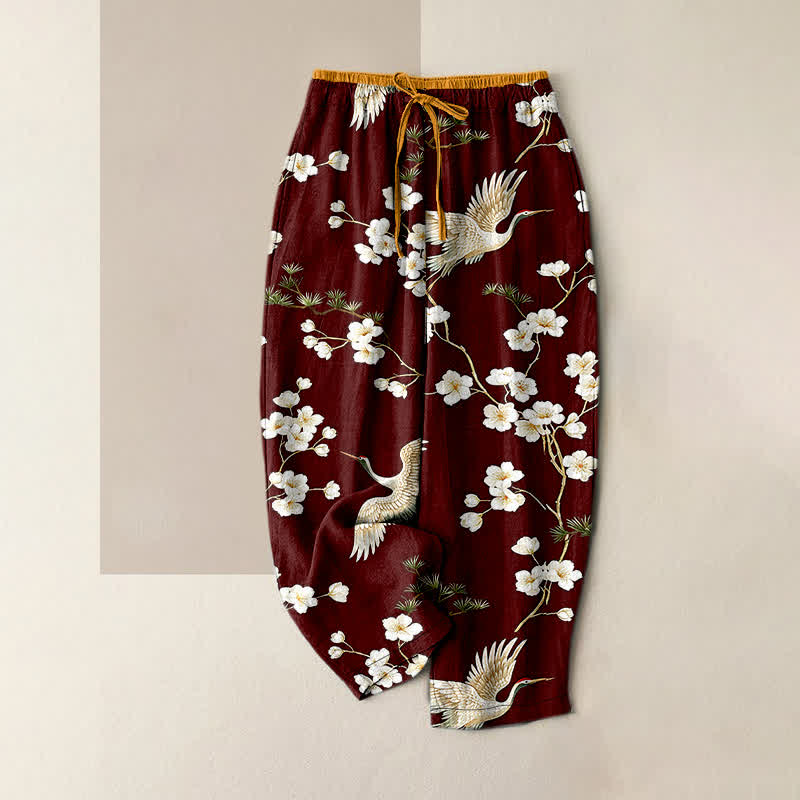Nimara Ritual Pure Cotton Crane Plum Blossom Elastic Waist Women's Pants With Pockets