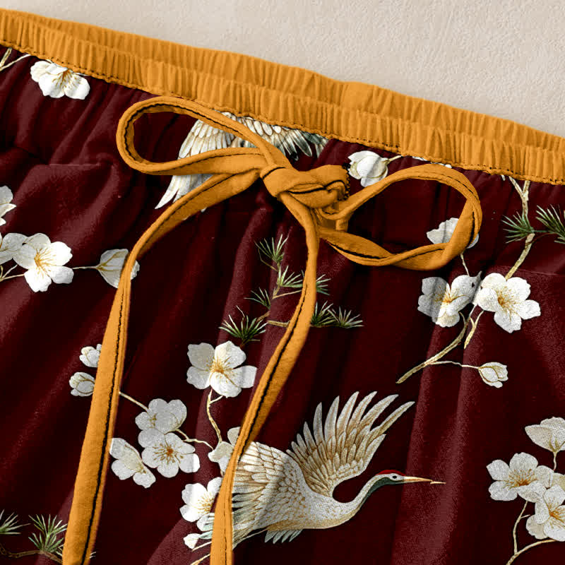 Nimara Ritual Pure Cotton Crane Plum Blossom Elastic Waist Women's Pants With Pockets