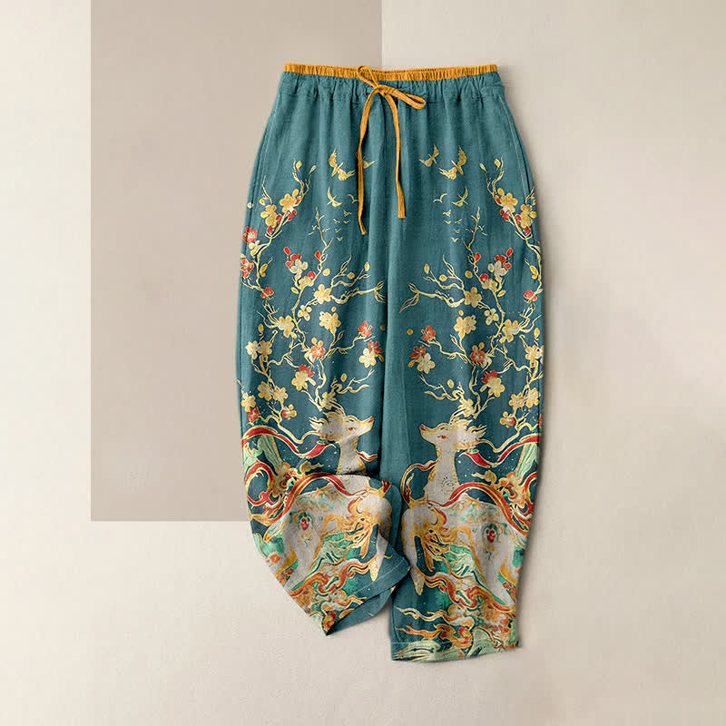 Nimara Ritual Pure Cotton Plum Blossoms Deer Drawstring Women's Pants With Pockets