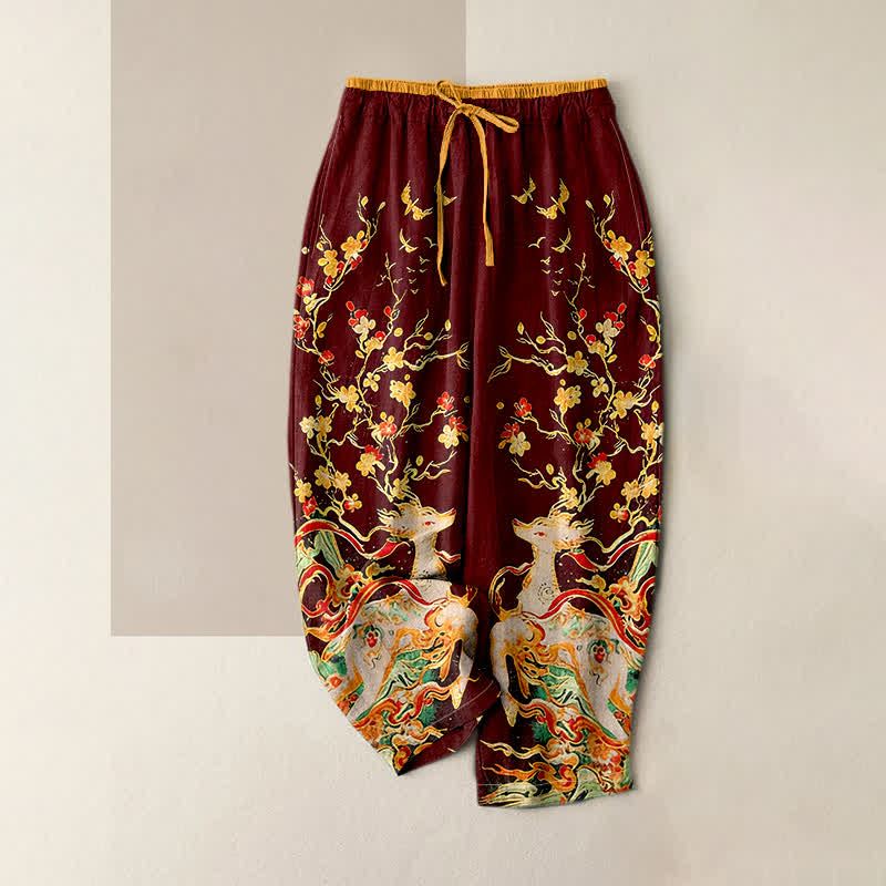 Nimara Ritual Pure Cotton Plum Blossoms Deer Drawstring Women's Pants With Pockets