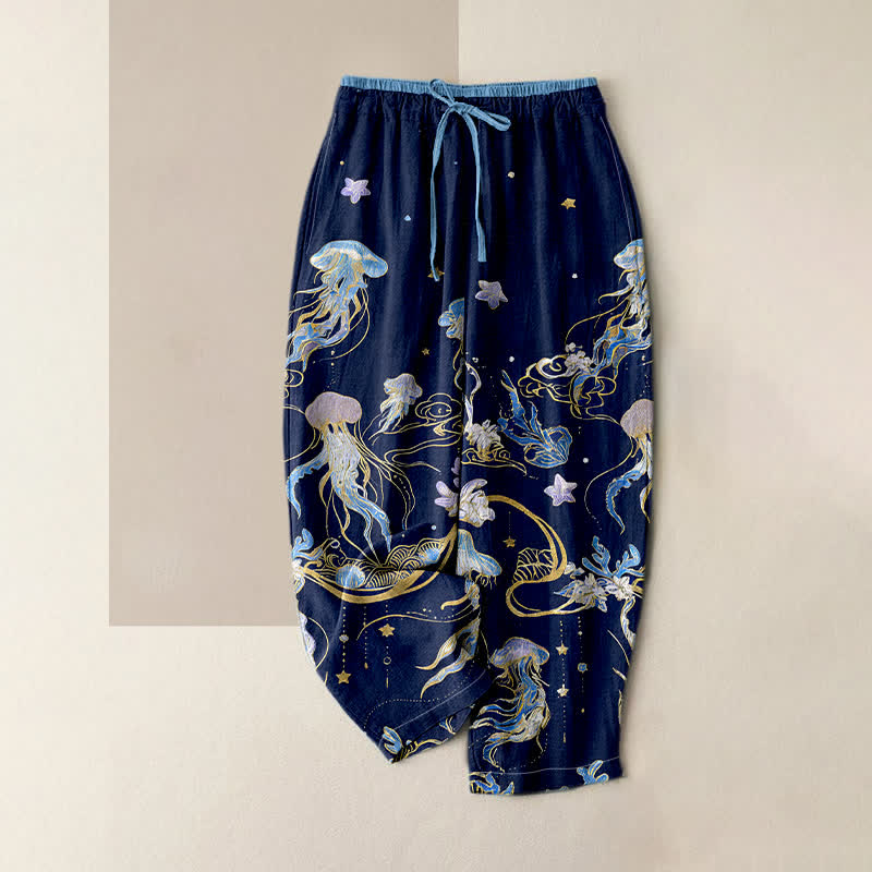 Nimara Ritual Jellyfish Pattern Women's Pure Cotton Elastic Waist Pants With Pockets