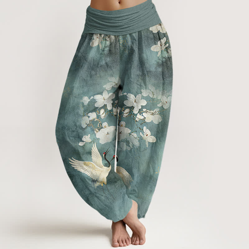 Nimara Ritual Crane Blooming Flowers High Waist Women's Harem Pure Cotton Pants