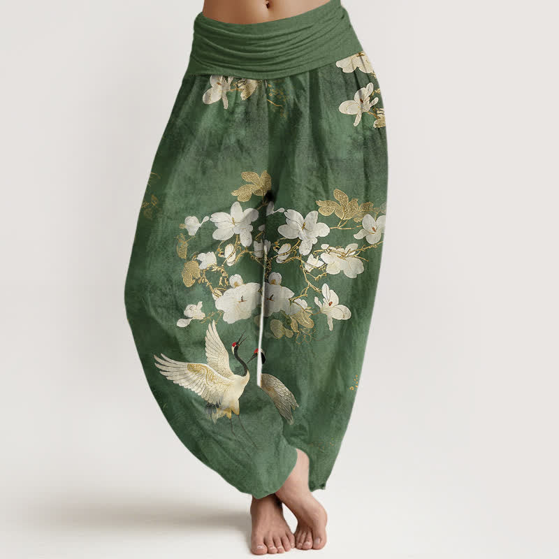 Nimara Ritual Crane Blooming Flowers High Waist Women's Harem Pure Cotton Pants