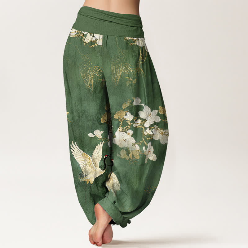 Nimara Ritual Crane Blooming Flowers High Waist Women's Harem Pure Cotton Pants