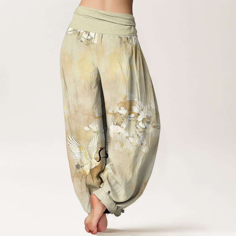 Nimara Ritual Crane Blooming Flowers High Waist Women's Harem Pure Cotton Pants