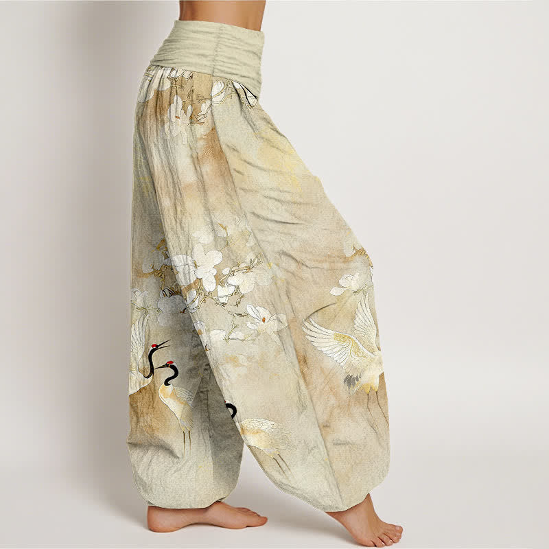 Nimara Ritual Crane Blooming Flowers High Waist Women's Harem Pure Cotton Pants