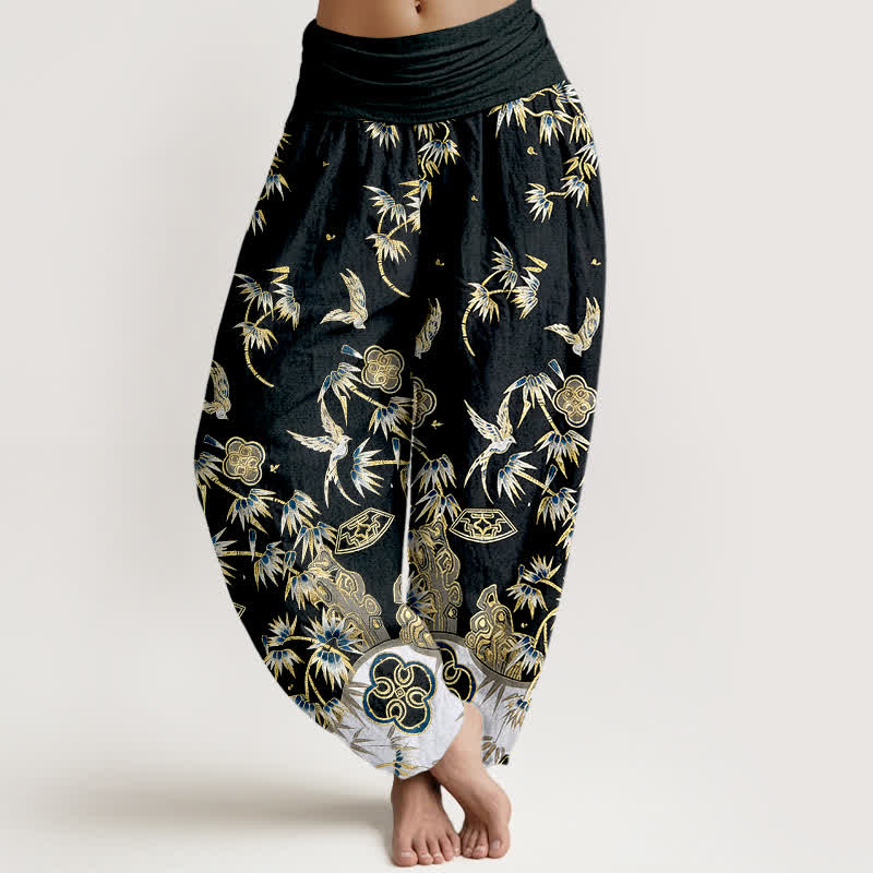 Nimara Ritual Bird Bamboo Pattern Cotton Women's Harem High Elastic Waist Pants