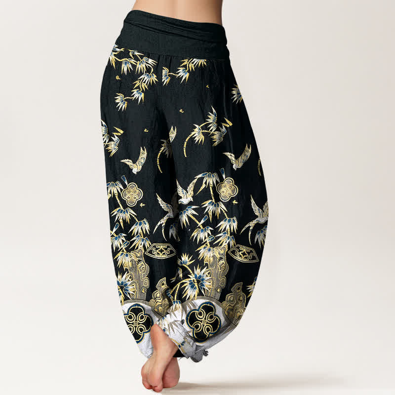 Nimara Ritual Bird Bamboo Pattern Cotton Women's Harem High Elastic Waist Pants