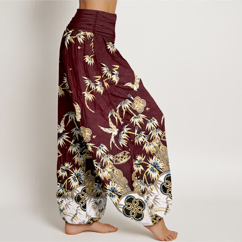Nimara Ritual Bird Bamboo Pattern Cotton Women's Harem High Elastic Waist Pants