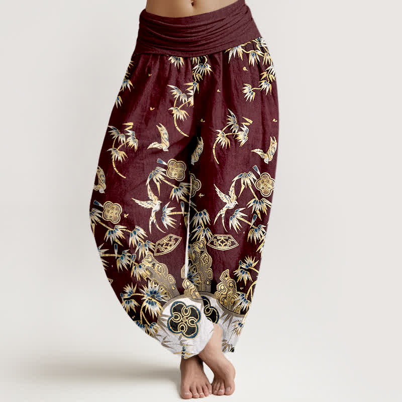 Nimara Ritual Bird Bamboo Pattern Cotton Women's Harem High Elastic Waist Pants