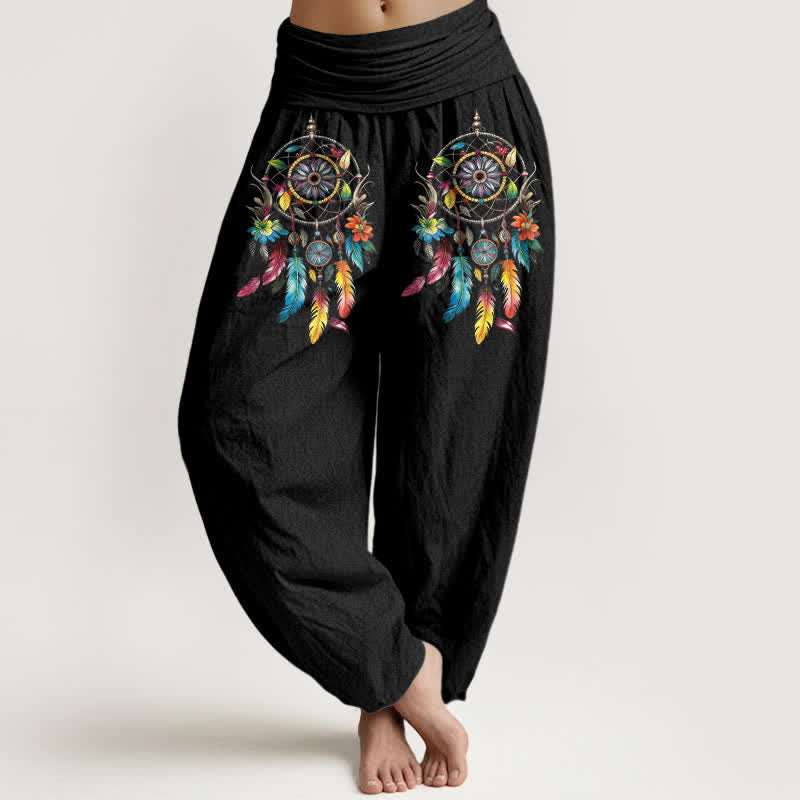 Nimara Ritual Cotton Colorful Double Dreamcatchers Pattern High Waist Women's Harem Pants