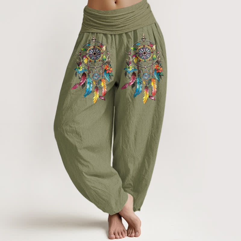 Nimara Ritual Cotton Colorful Double Dreamcatchers Pattern High Waist Women's Harem Pants