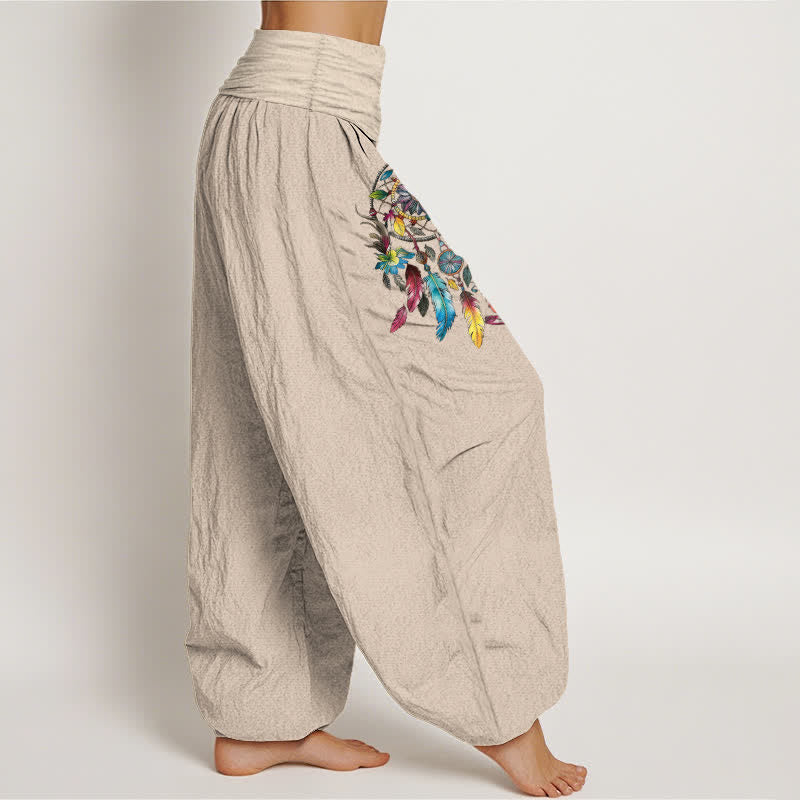 Nimara Ritual Cotton Colorful Double Dreamcatchers Pattern High Waist Women's Harem Pants