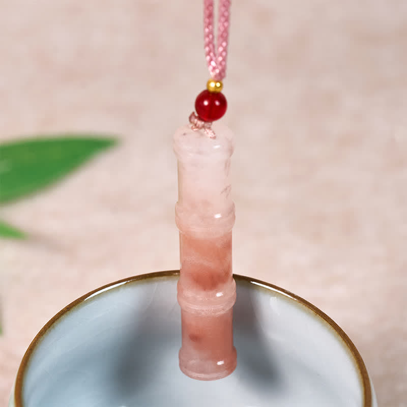 Nimara Ritual Craved Bamboo Natural Pink Quartzite Jade Protection Necklace Pendant