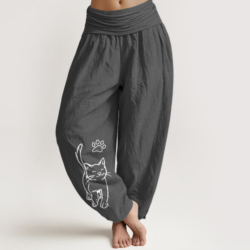 Nimara Ritual Pure Cotton Cute Cat Print Women's Harem Elastic Waist Pants