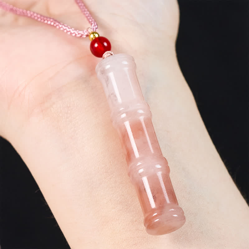 Nimara Ritual Craved Bamboo Natural Pink Quartzite Jade Protection Necklace Pendant