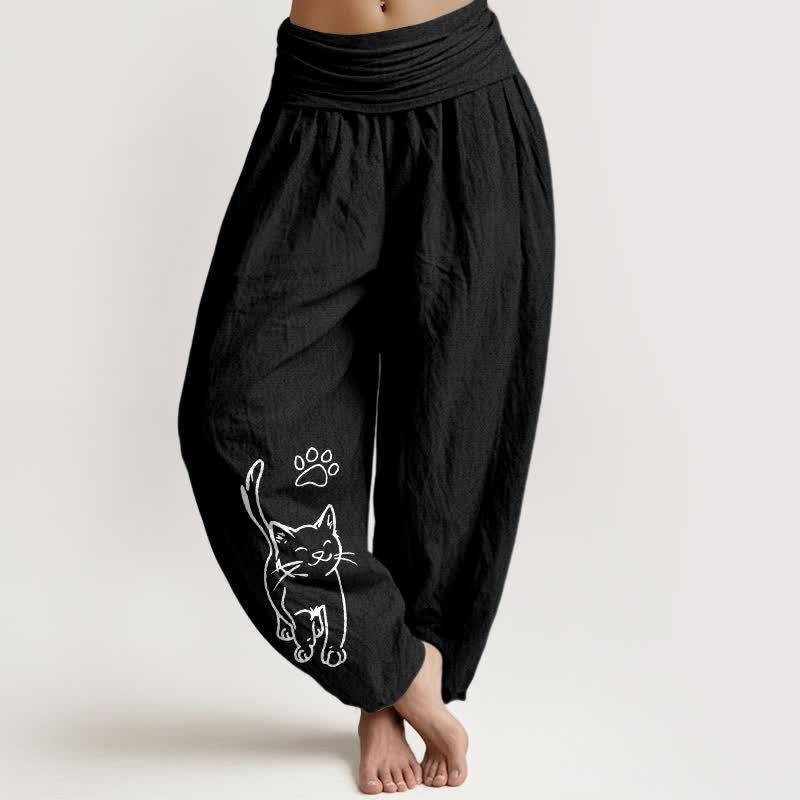 Nimara Ritual Pure Cotton Cute Cat Print Women's Harem Elastic Waist Pants