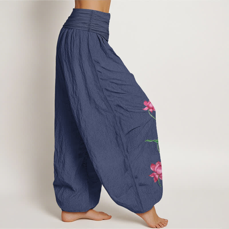 Nimara Ritual Pure Cotton Lotus Flower Lotus Leaves Pattern Women's Harem Elastic Waist Pants
