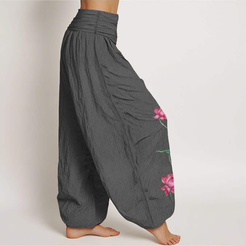 Nimara Ritual Pure Cotton Lotus Flower Lotus Leaves Pattern Women's Harem Elastic Waist Pants