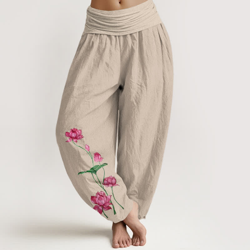 Nimara Ritual Pure Cotton Lotus Flower Lotus Leaves Pattern Women's Harem Elastic Waist Pants