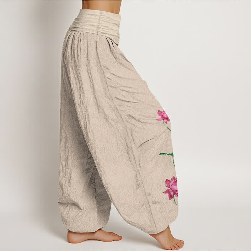 Nimara Ritual Pure Cotton Lotus Flower Lotus Leaves Pattern Women's Harem Elastic Waist Pants