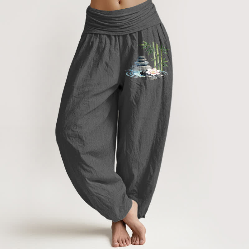 Nimara Ritual Pure Cotton Bamboo Flower Stones High Waist Women's Harem Pants