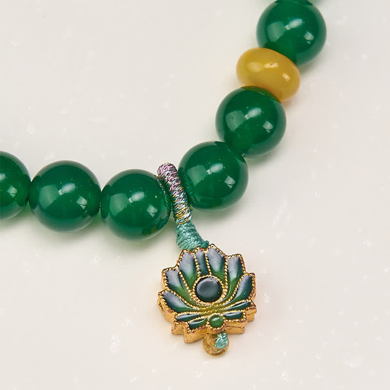Nimara Ritual Natural Green Agate Yellow Agate Lotus Charm Success Beaded Bracelet