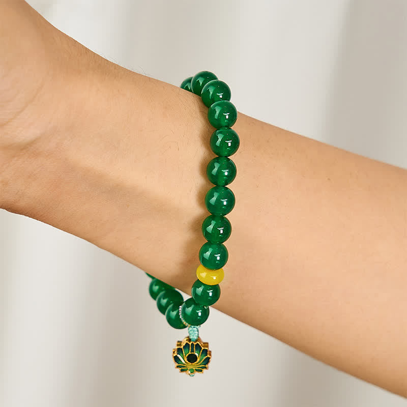 Nimara Ritual Natural Green Agate Yellow Agate Lotus Charm Success Beaded Bracelet