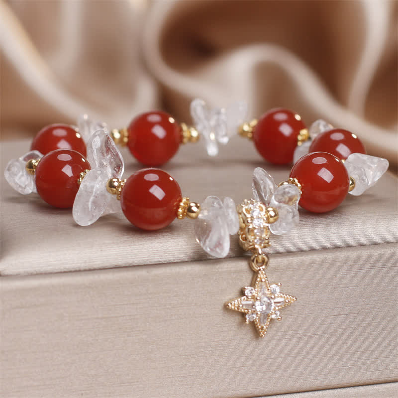 Nimara Ritual Natural Red Agate Clear Quartz Hexagram Charm Confidence Bracelet