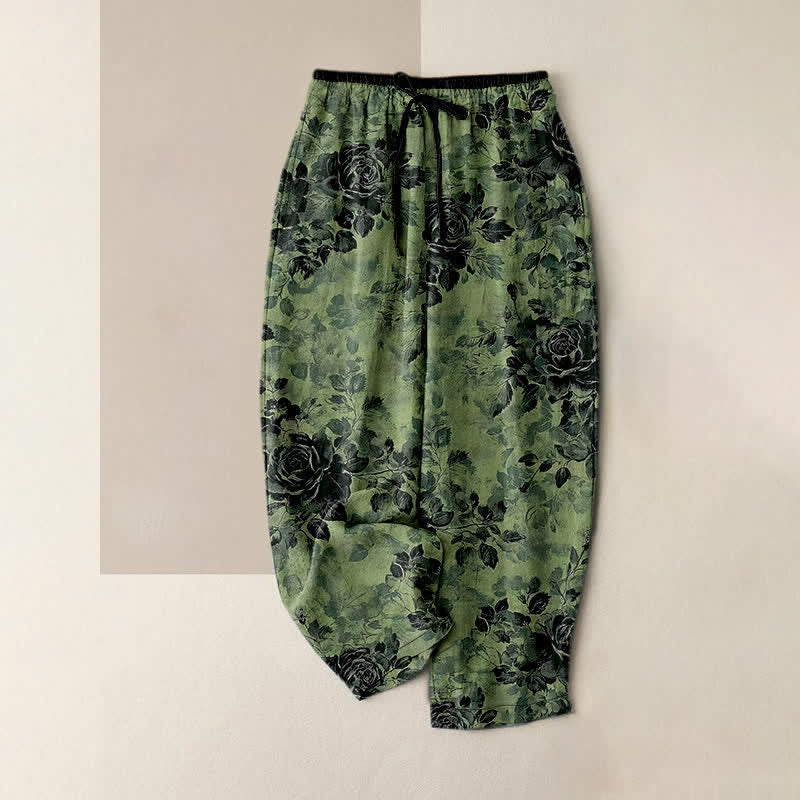 Nimara Ritual Pure Cotton Rose Pattern Elastic Waist Drawstring Women's Pants With Pockets
