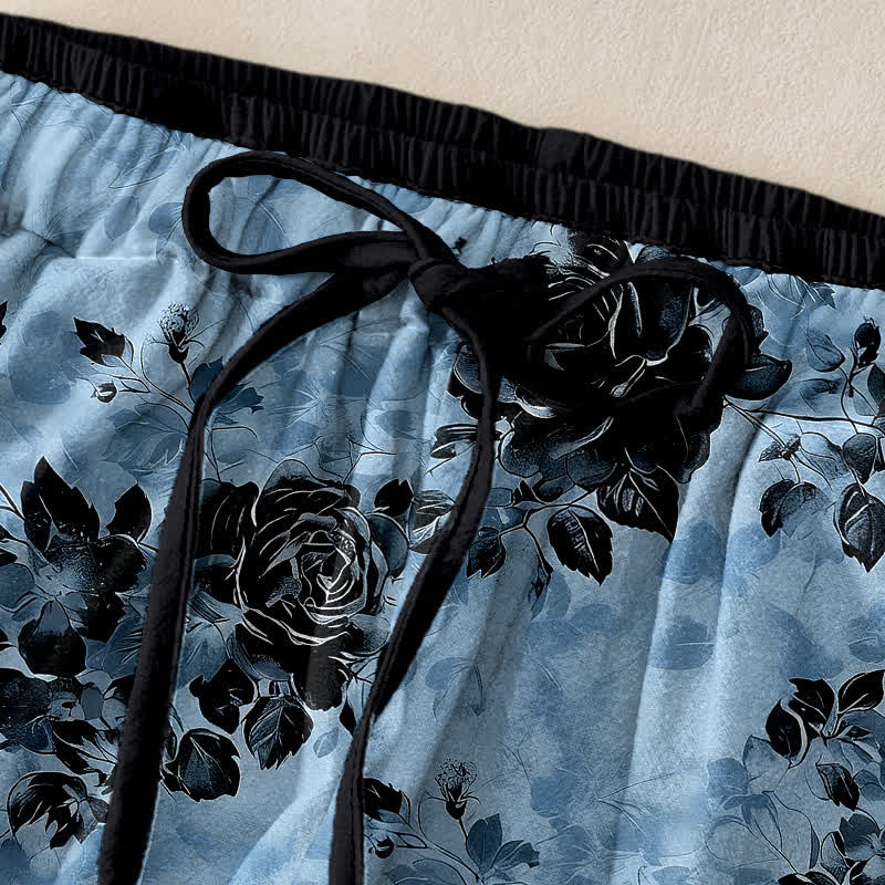 Nimara Ritual Pure Cotton Rose Pattern Elastic Waist Drawstring Women's Pants With Pockets