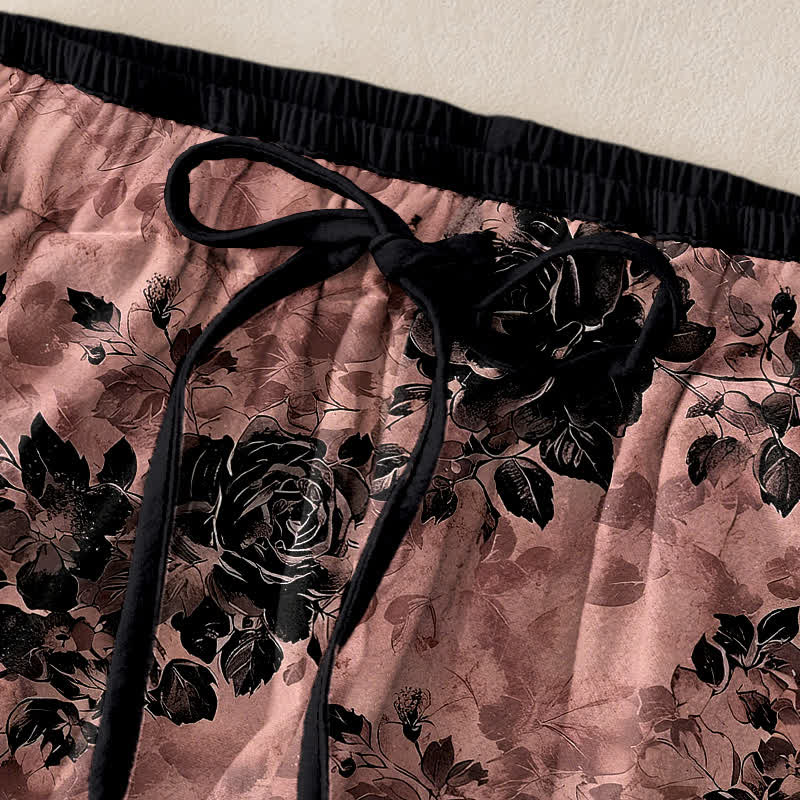Nimara Ritual Pure Cotton Rose Pattern Elastic Waist Drawstring Women's Pants With Pockets