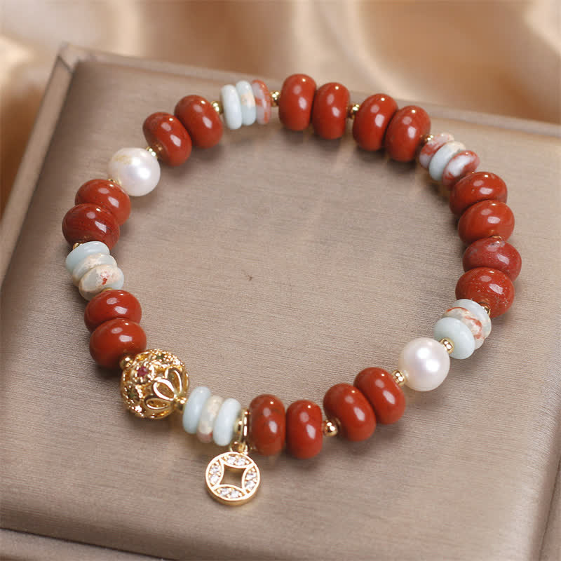 Nimara Ritual Red Jasper Shoushan Stone Abacus Beads Copper Coin Protection Bracelet