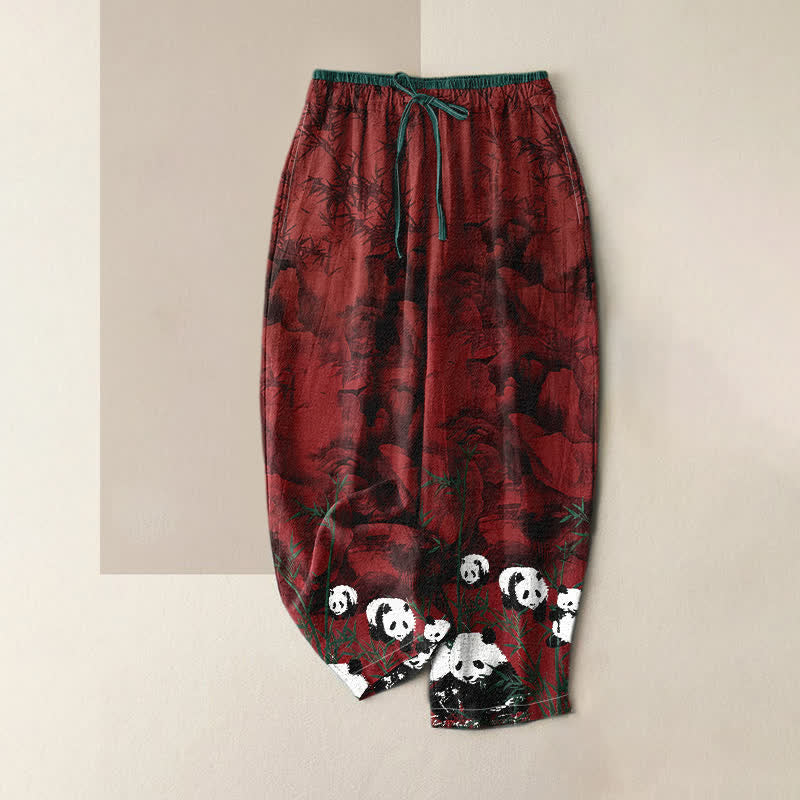 Nimara Ritual Cotton Pandas Bamboo Print Elastic Waist Women's Pants With Pockets