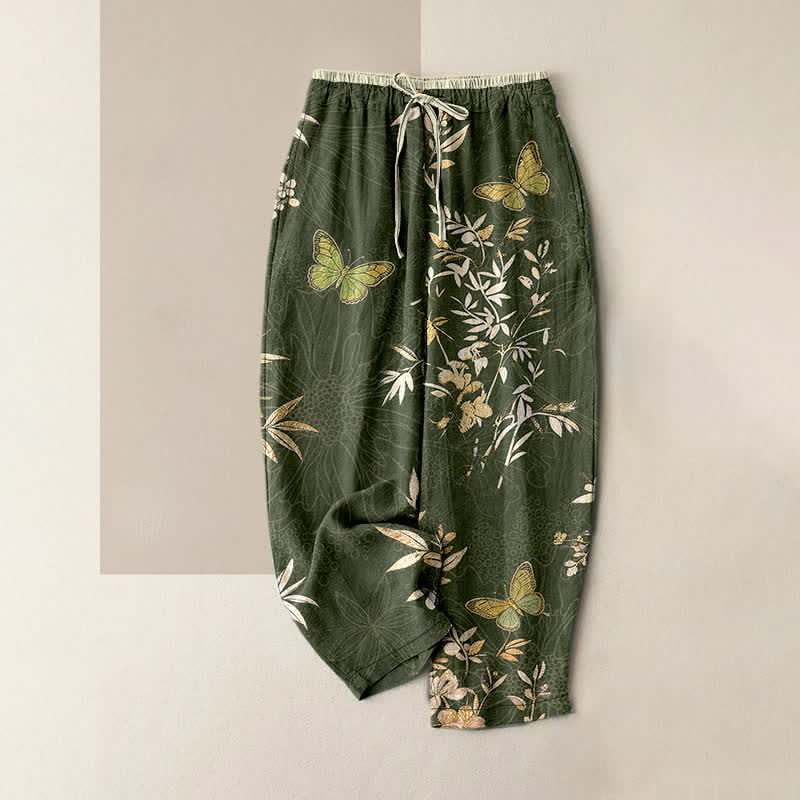 Nimara Ritual Pure Cotton Butterfly leaves Flowers Pattern Drawstring Colorful Women's Pants With Pockets