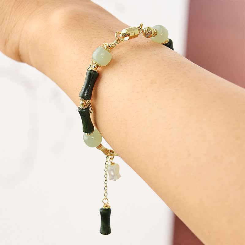Nimara Ritual Hetian Jade Peridot Bamboo Lily Of The Valley Wealth Faithfulness Adjustable Bracelet