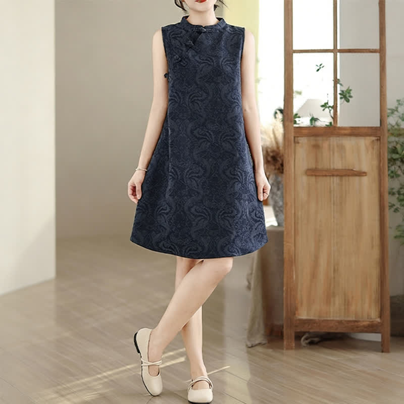 Nimara Ritual Mandarin Collar Frog-button Jacquard Pattern Sleeveless Cotton Mini Dress With Pockets