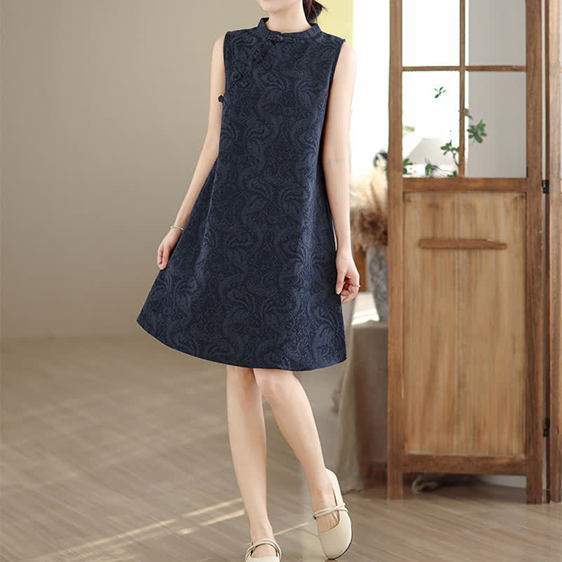 Nimara Ritual Mandarin Collar Frog-button Jacquard Pattern Sleeveless Cotton Mini Dress With Pockets