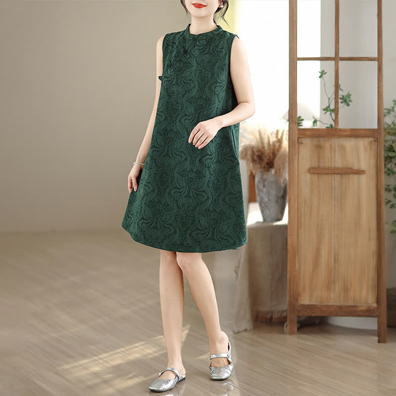 Nimara Ritual Mandarin Collar Frog-button Jacquard Pattern Sleeveless Cotton Mini Dress With Pockets