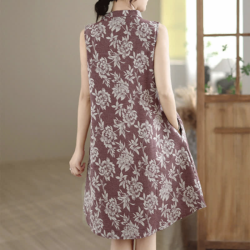 Nimara Ritual Frog-button Mandarin Collar Floral Pattern Sleeveless Cotton Mini Dress With Pockets