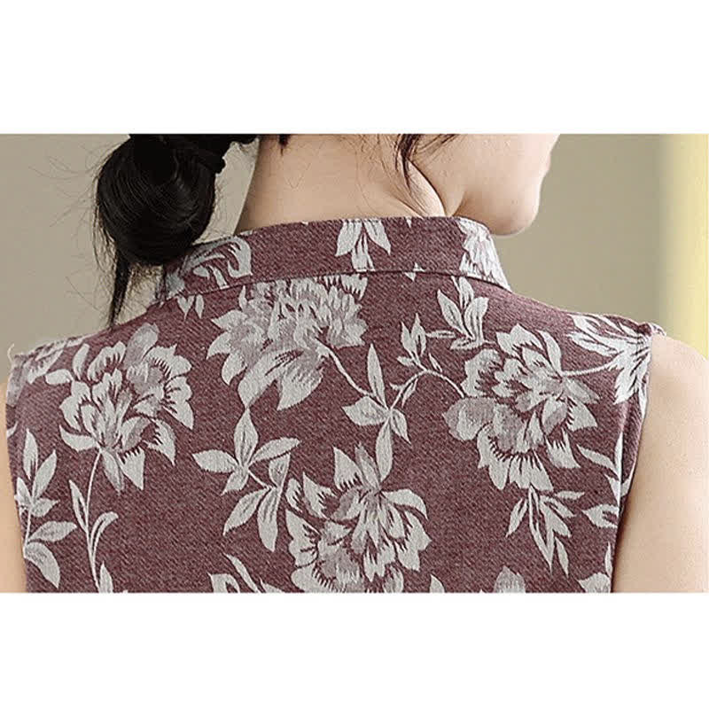 Nimara Ritual Frog-button Mandarin Collar Floral Pattern Sleeveless Cotton Mini Dress With Pockets