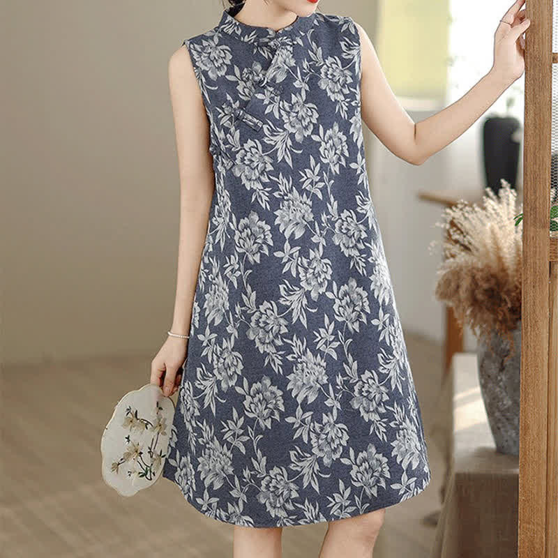 Nimara Ritual Frog-button Mandarin Collar Floral Pattern Sleeveless Cotton Mini Dress With Pockets
