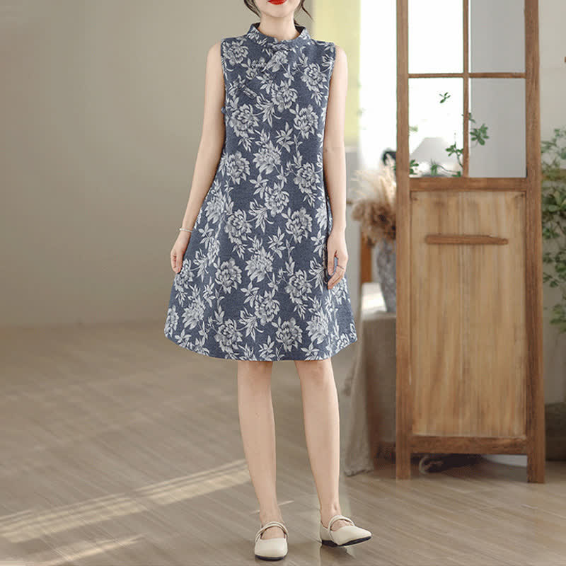 Nimara Ritual Frog-button Mandarin Collar Floral Pattern Sleeveless Cotton Mini Dress With Pockets