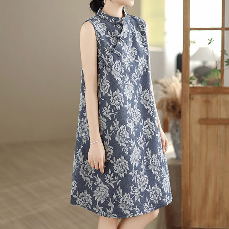 Nimara Ritual Frog-button Mandarin Collar Floral Pattern Sleeveless Cotton Mini Dress With Pockets